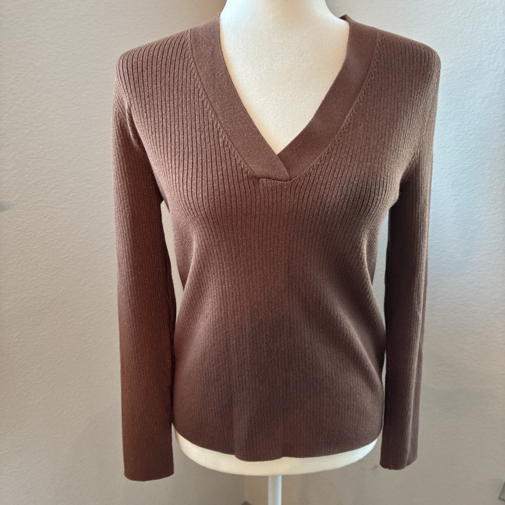Maeve Thea Ribbed V-Neck Sweater Top Medium Honey Brown Metallic‎ Anthropologie